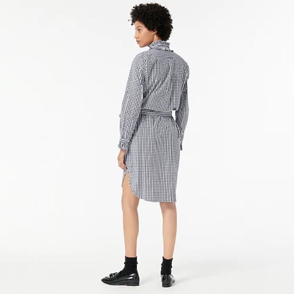 J.Crew Classic-fit ruffleneck shirtdress dress navy check AY173 - Picture 2 of 14